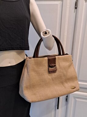 Liz Claiborne Vintage Beige Faux Straw Woven Satchel w/Brown Vegan Leather Trim